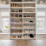 Shoe closet design and storage in women's custom closet in Orange County, CA.