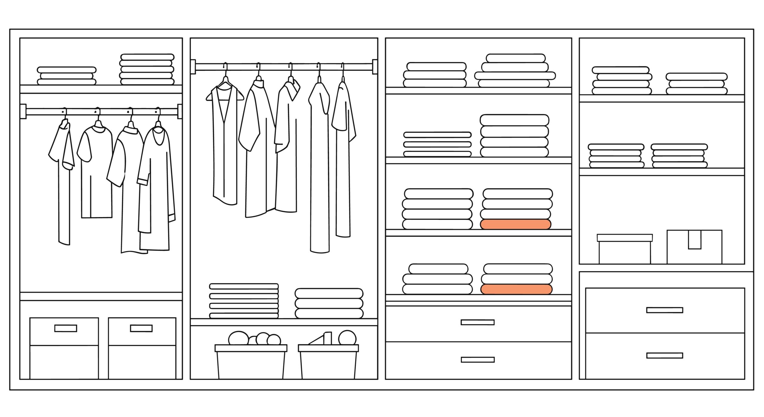 black and white elevations of a c;loset plan view for custom closet design