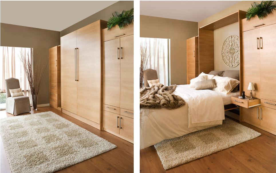 Side by side picture of Murphy Bed in wall and Murphy Bed pulled out for use.
