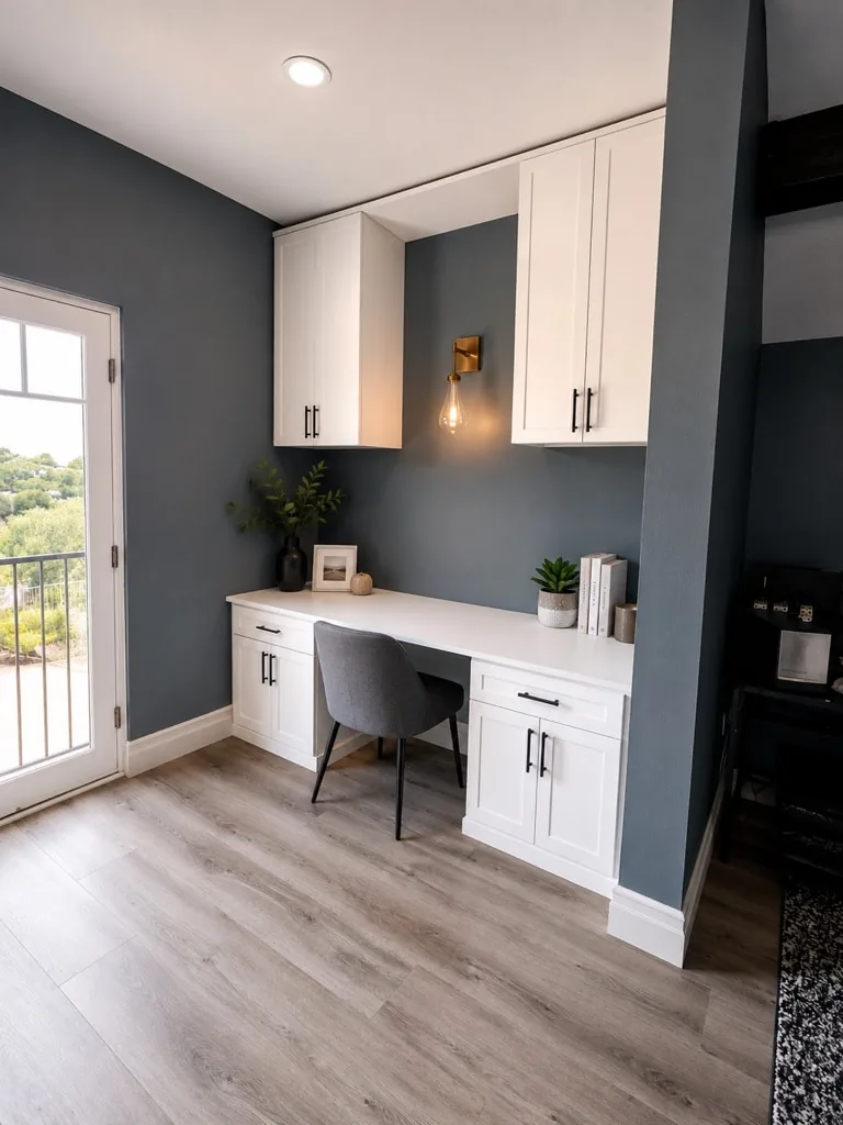 Compact white desk with drawers, lower cabinets and wall-mounted cabinets