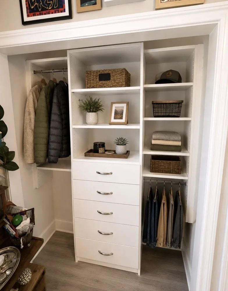 White reach-in closet with a central drawer bank, open shelving and hanging sections