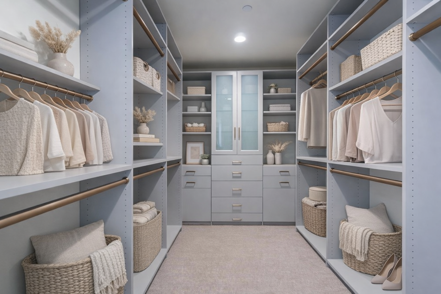 An image of a closet installation showing various storage solutions including shelves and drawers, emphasizing quality craftsmanship.